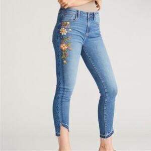 Driftwood | Jackie High Rise Jean Floral Embroidered Asymmetrical Raw Hem Skinny